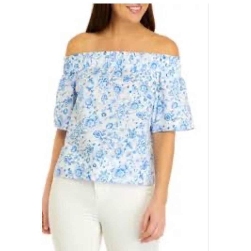 Crown & Ivy Blue White Coastal Floral Off The Shoulder Top XS NWT